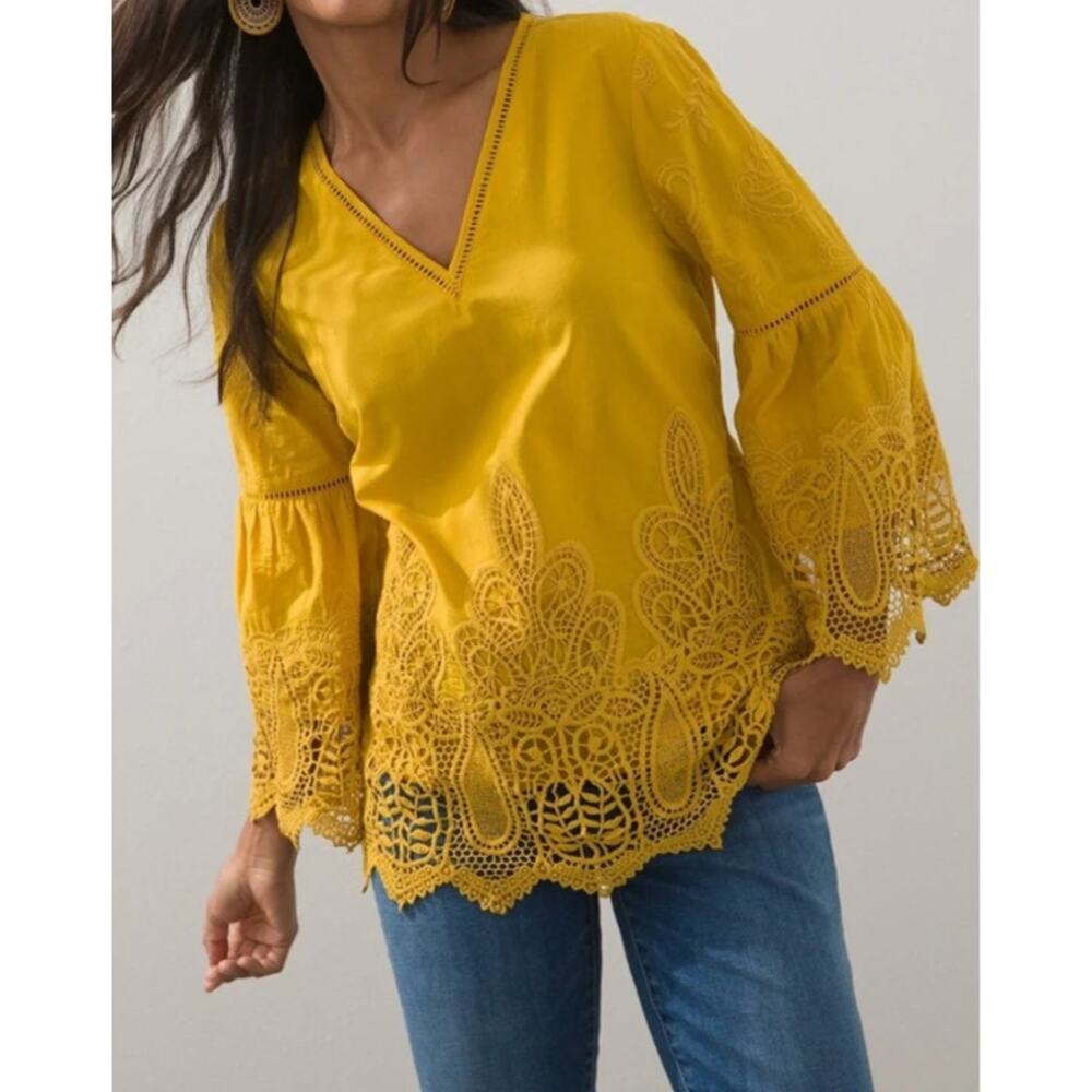 CHICO'S Boho Embroidered Crochet Lace Tunic Bell Sleeve Yellow Sz L